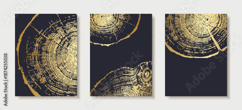 Set of wooden texture templates with gold tree ring patterns. Premium backgrounds with wood grain and elegant circular growth design Vertical banner with tree ring pattern Vector stamp of wood texture