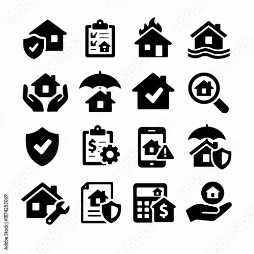 Home insurance icon set: protection, safety, flood, fire, maintenance