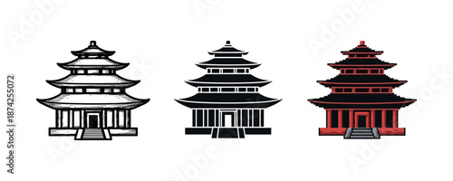 Triptych of pagoda designs in black, white, and red silhouettes