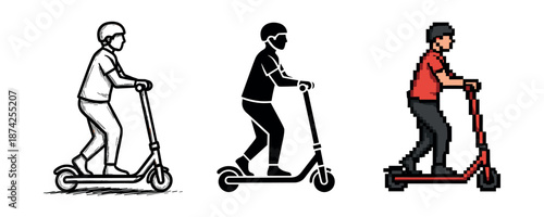 Illustrated, silhouette, and pixel art styles of caucasian adults riding scooters