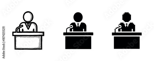 Abstract representation of a person speaking at a podium in different art styles