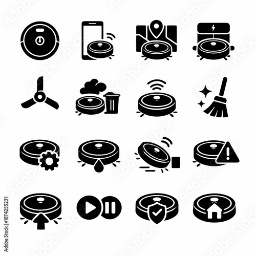 Smart robot vacuum icon set: cleaning, technology, automation, features