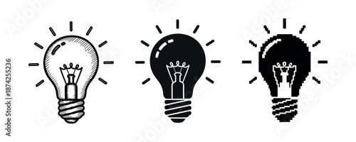 Three light bulb designs: sketch, solid, pixel art in black and white