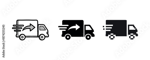 Minimalist delivery truck icons: outline, solid, pixel art variations