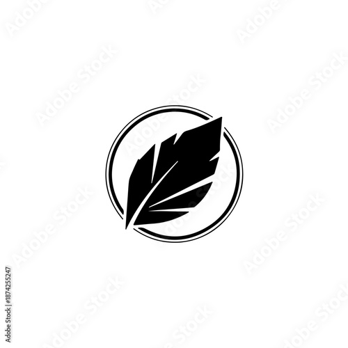 A black and white image featuring a stylized feather enclosed within a circular frame. The feather has sharp, angular lines and is centrally positioned within the circle.