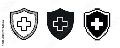 Three shield icons with cross symbols: sketch, solid, and pixel styles