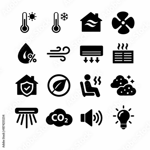 Home climate control icons and symbols for temperature, air quality, and eco-friendly solutions