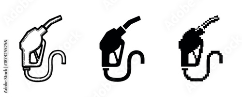 Three styles of gas pump nozzle: sketch, silhouette, pixelated