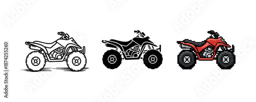 Set of three quad bikes: line art, silhouette, pixel art styles