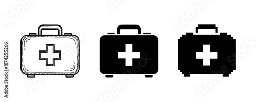 Set of three first aid kit icons in different styles