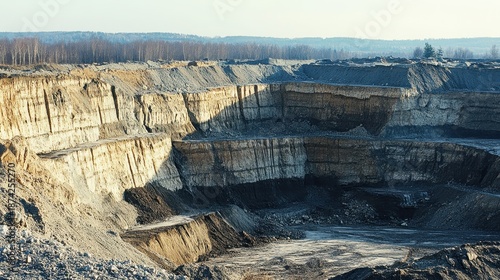 Vast open pit mine with steep layered earth walls revealing geological strata and evidence of landslides