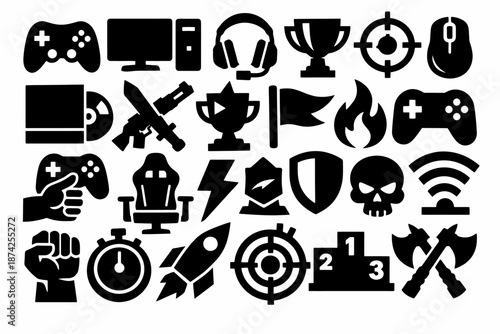 Video game icons: controllers, headset, trophy, targets, timer, symbols