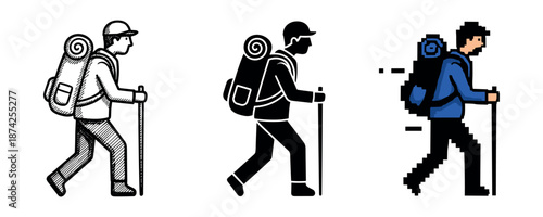 Male backpackers hiking stick figures in various artistic styles