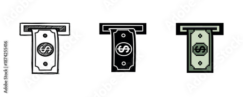 Three stylized atm machines dispensing cash in variations of minimalist design