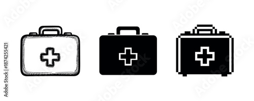 Set of three first aid kit icons in outline, solid, and pixel art styles
