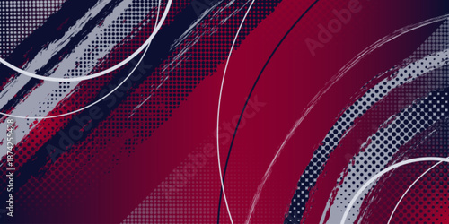 Sport banner background with halftone pattern. Vector realistic illustration of abstract red wallpaper with paint brush effect, dots, thin and thick lines, grungy geometric backdrop, distressed poster