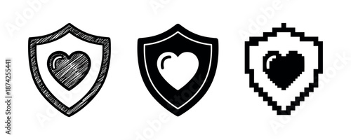 Set of heart icons on shields: sketch, solid, pixel styles