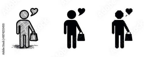 Evolution of shopping: three male figures with heart symbols