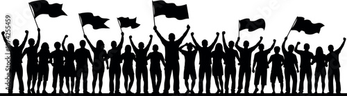 A group of people celebrating with flags in a victorious gesture