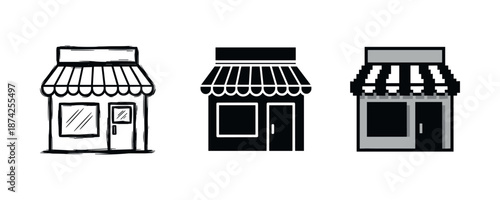 Three illustrated storefront icons with awnings in different styles
