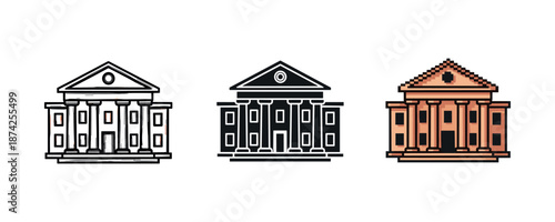 Three stylized bank icons: outline, silhouette, pixel art designs