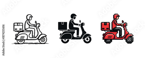 Delivery scooters in various art styles: sketch, silhouette, pixel