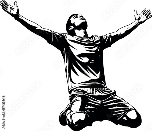 Man kneeling with arms outstretched in a victorious gesture