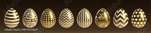 Golden Easter eggs set isolated on transparent. Vector realistic illustration of gold holiday shape with creative white stripe, dot, heart, splash pattern on eggshell, greeting card design elements