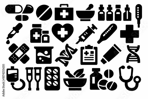Medical icons set: pills, syringe, dna, stethoscope, bandages
