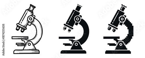 Set of three microscope illustrations in different artistic styles