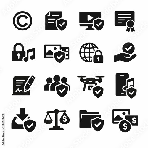 Digital security and copyright icon set featuring technology and privacy symbols