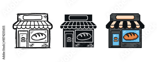 Three bakery shop illustrations with bread logo: sketch, outline, pixel art styles