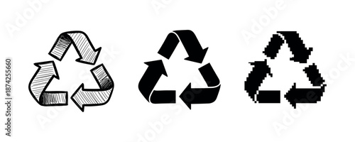 Three styles of recycling symbols: sketch, solid, and pixelate variations