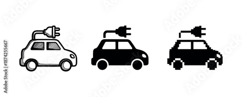Electric car icons: hand-drawn, solid, pixel art styles