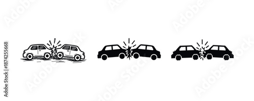 Illustration of three car collision scenarios in black and white