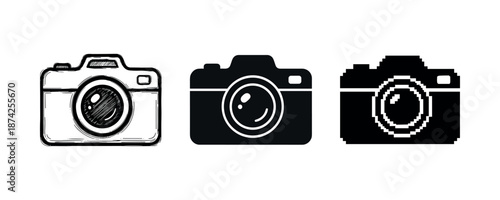 Illustrated, solid, and pixelated camera icons on white background