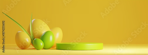Round podium and Easter eggs on yellow background. Vector realistic illustration of bright color eggs, grass and green platform for product, holiday sale, discount presentation, greeting card backdrop