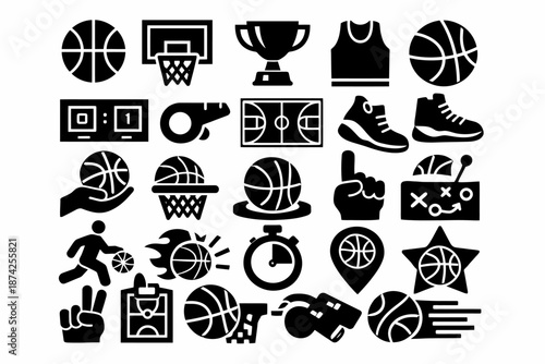 Basketball icons collection: equipment, courts, and players in bold black silhouettes