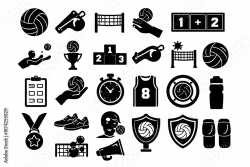 Volleyball icon set: tools, equipment, and activities for the sport enthusiast