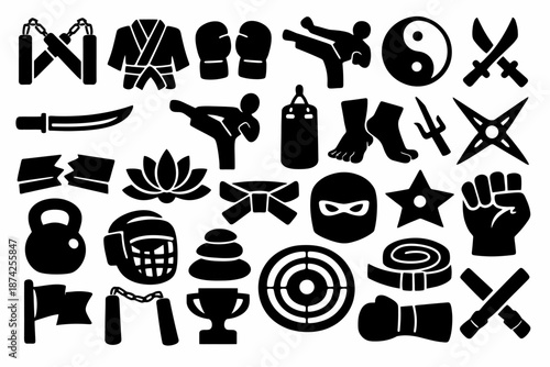 Martial arts icons and symbols: nunchaku, kimono, yin yang, ninja, fist, swords, lotus