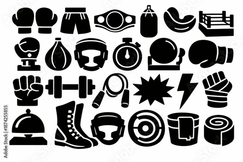 Boxing equipment and icons collection: gloves, ring, and fitness gear