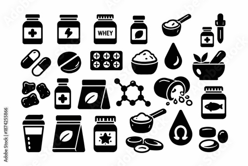 Nutritional supplement icons set including pills powder and oil drops