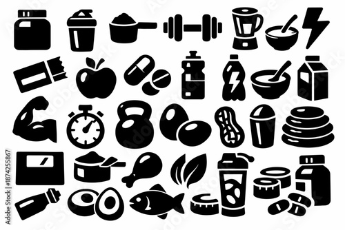 Fitness and nutrition icons: protein, exercise, supplements, food, health