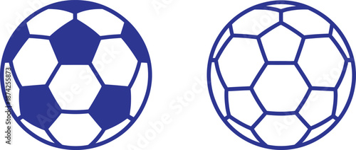 A graphic illustration featuring two blue soccer ball icons, one filled and one as an outline