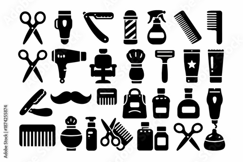 Collection of barber tools and grooming accessories icons on white background
