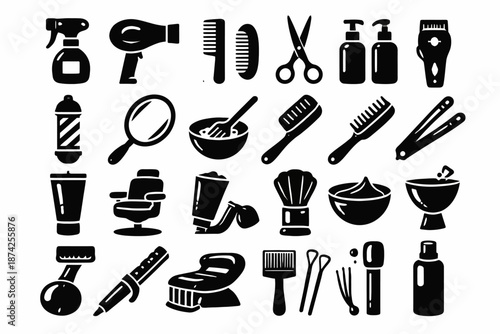 Assorted hair salon tools and equipment icons in black and white