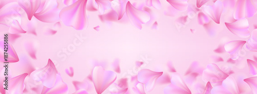 Cherry blossom petals on beautiful pastel background. Vector realistic illustration of sakura or rose flower frame with defocused particles on pink gradient backdrop, spring banner design