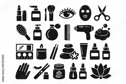 Set of beauty and grooming icons: makeup, hair, skincare, tools, spa elements