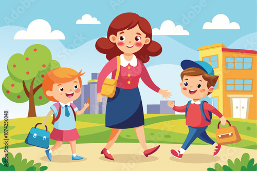 Mother helping her young children cross the street safely on their way to school vector
