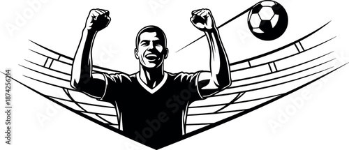 A black and white illustration of a triumphant soccer player celebrating with arms raised in a stadium